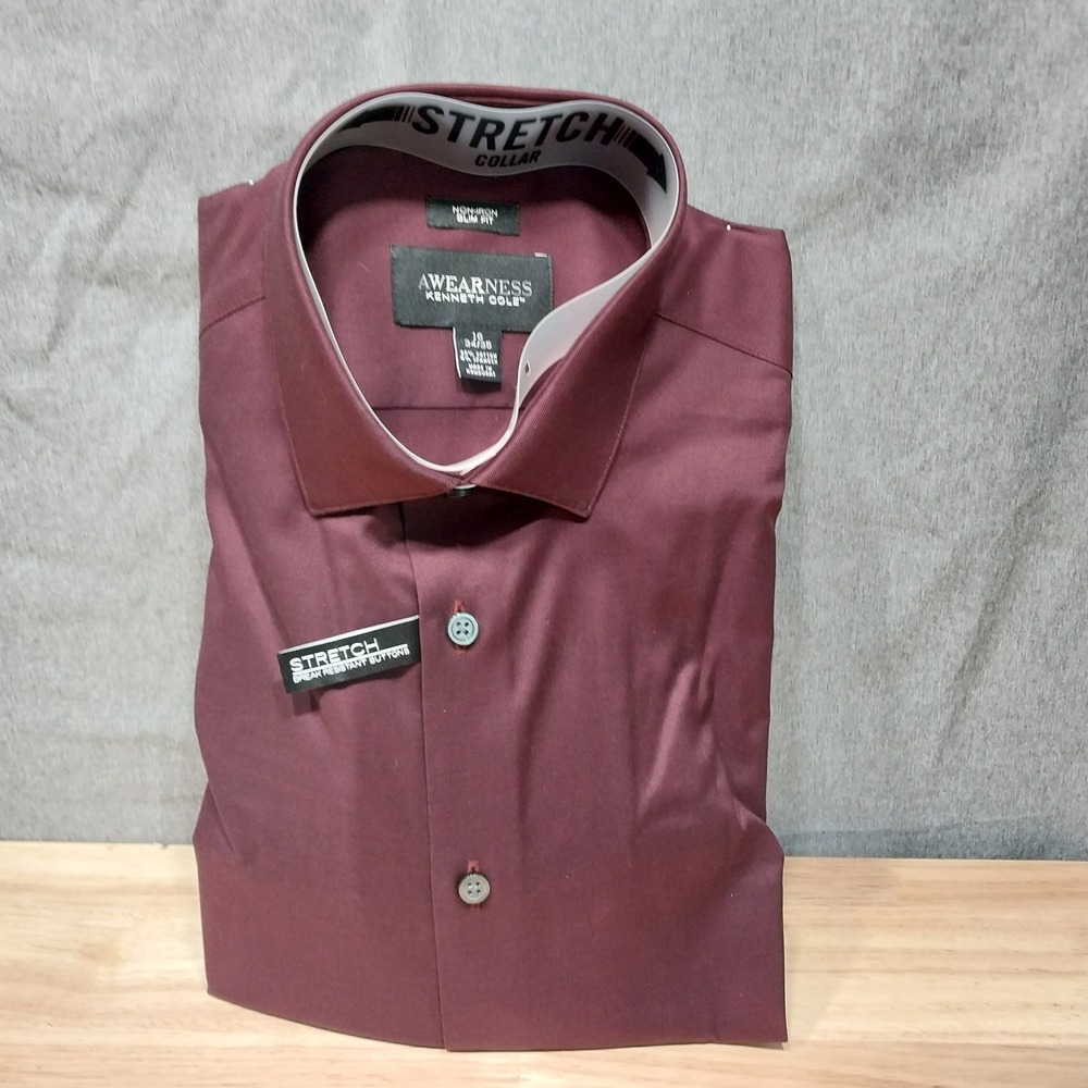 Awearness Kenneth Cole Dress Shirt Mens Slim Fit Non-Iron 16 34/35 Burgundy